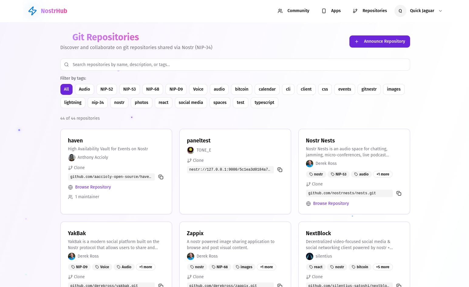 NostrHub Repositories page showcasing open-source Nostr projects