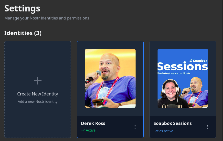 Settings page showing multiple Nostr identities with profile cards