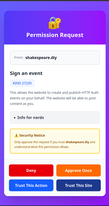 Permission request dialog showing event signing options with Deny, Approve Once, Trust This Action, and Trust This Site buttons