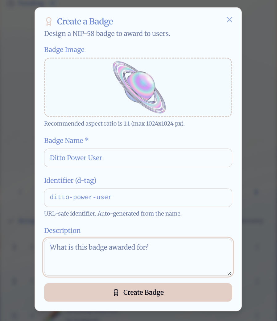 The Create a Badge dialog with image upload, name, identifier, and description fields