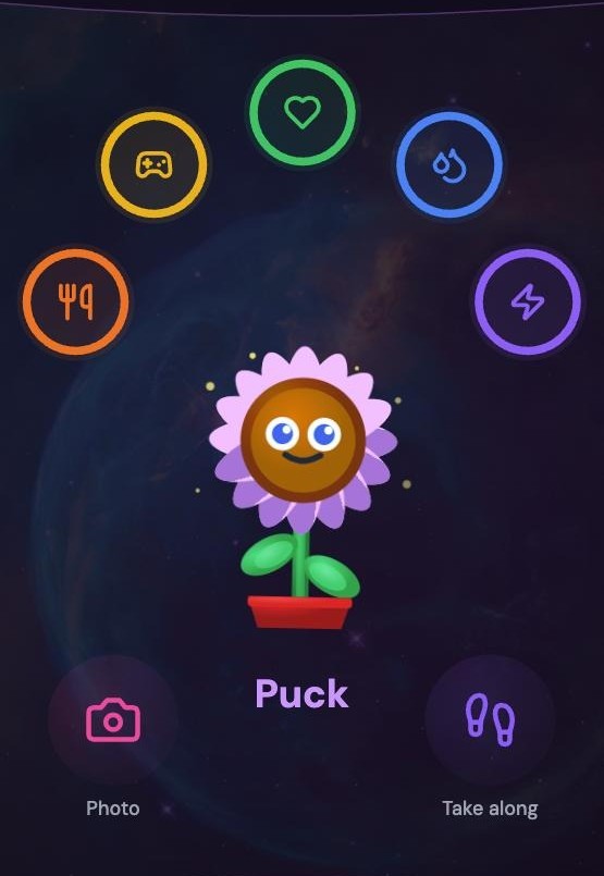 Puck, a sunflower Blobbi in a red pot