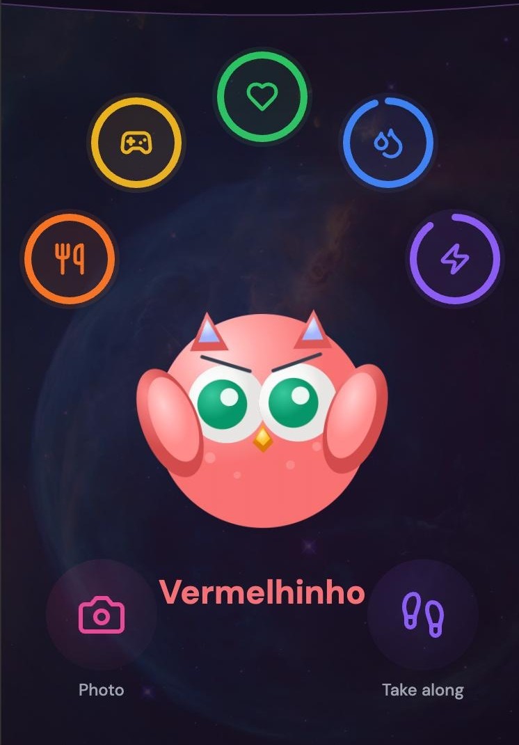 Vermelhinho, an angry pink owl Blobbi with green eyes