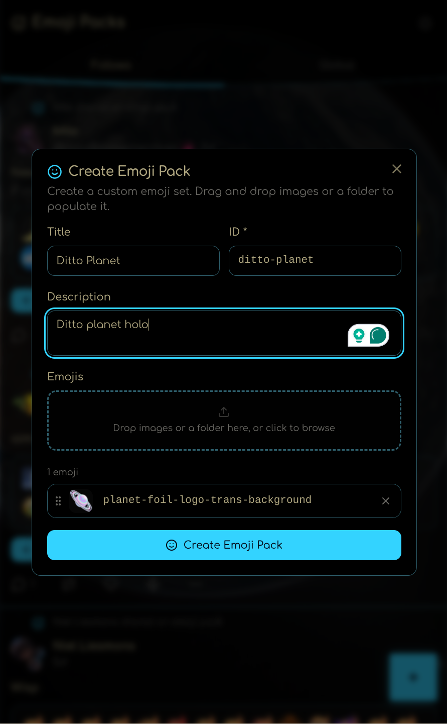 Create Emoji Pack dialog with drag-and-drop image upload