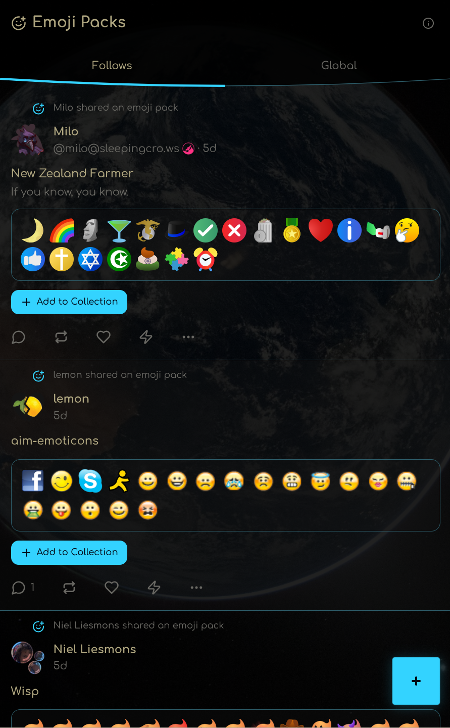 Emoji Packs feed showing shared packs from different users
