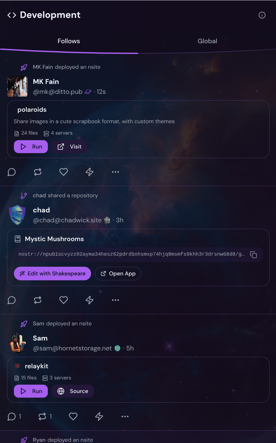 The Development feed showing deployed nsites with Run and Visit buttons