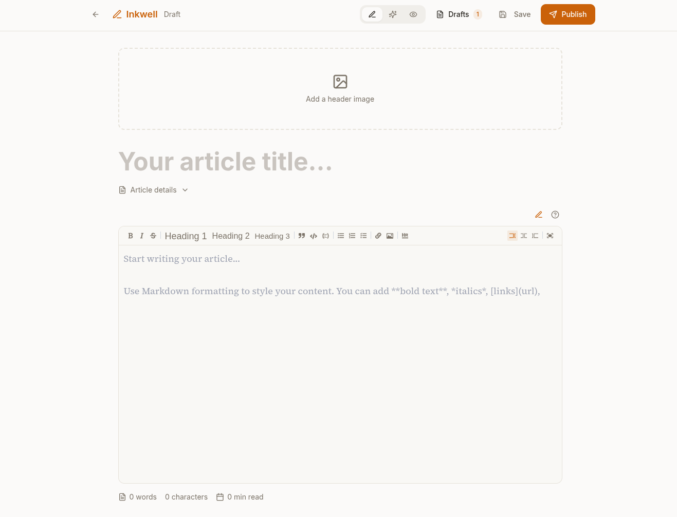 Inkwell editor interface with markdown formatting toolbar