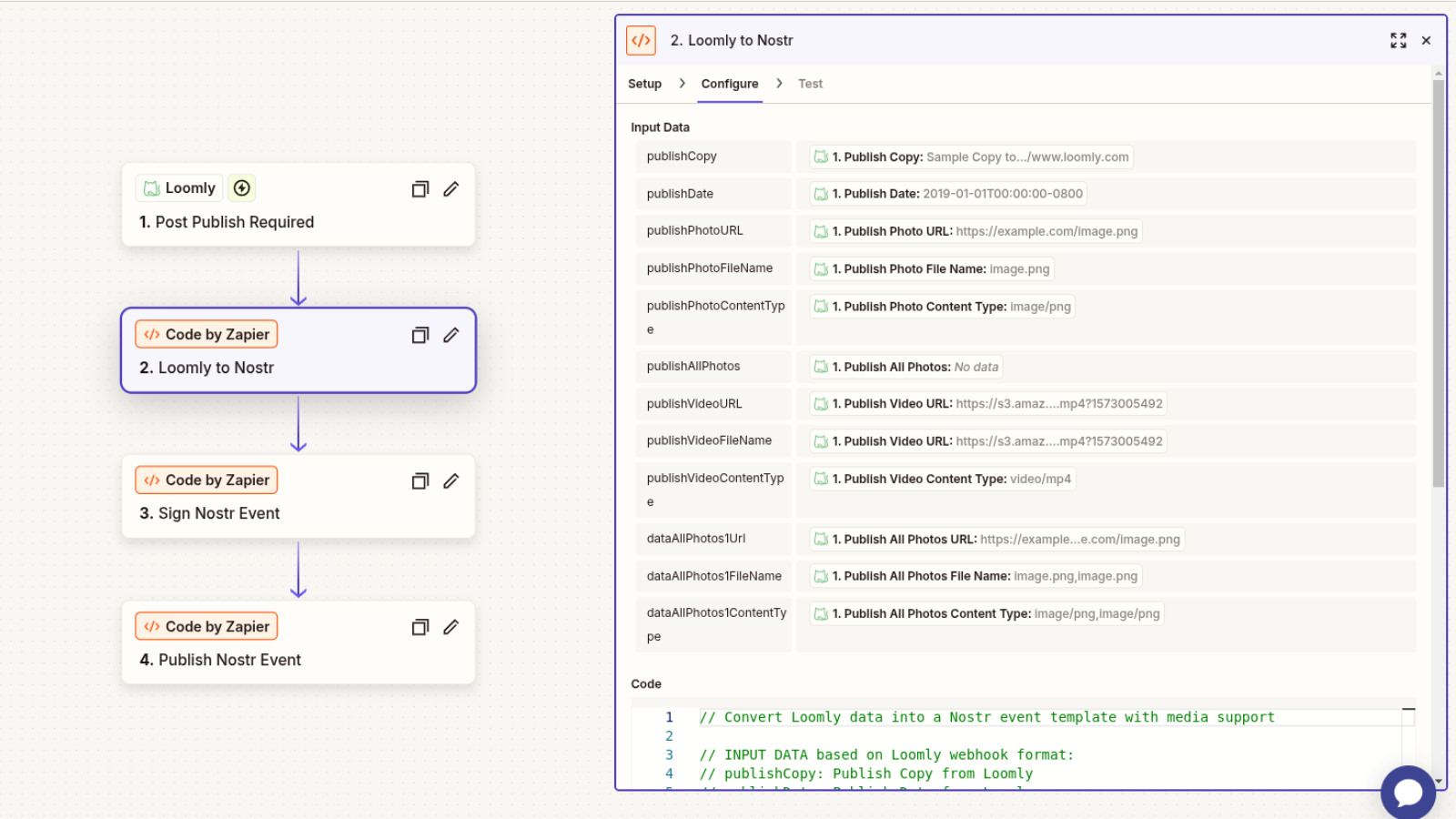 How to configure the Zapier code block to convert Loomly post data to Nostr format