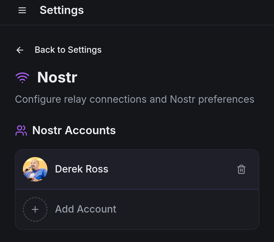 Nostr settings page showing connected account