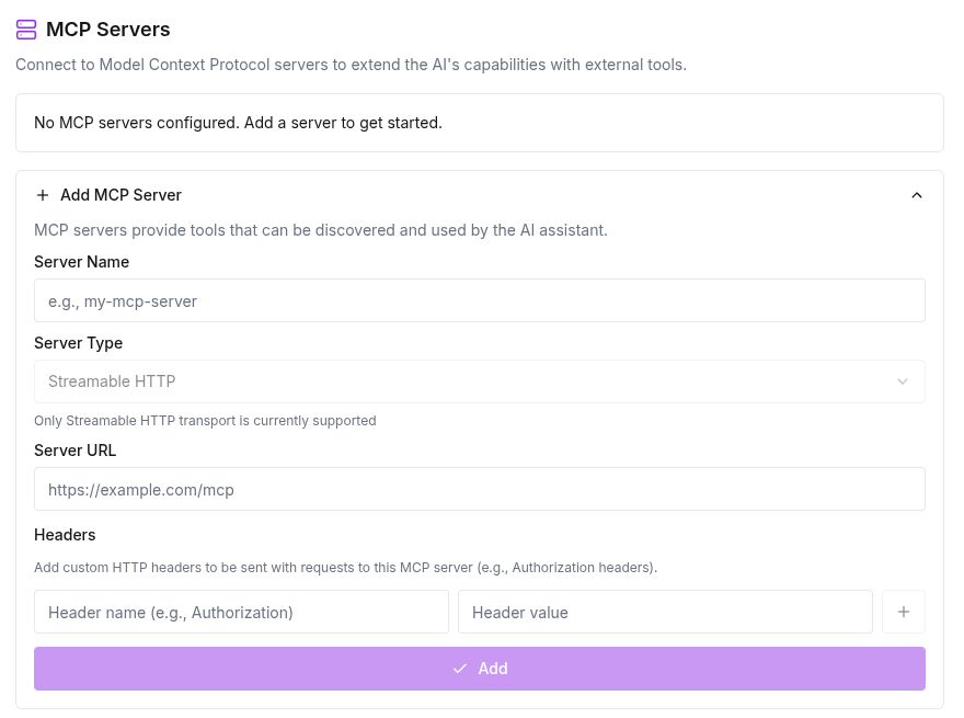 MCP Servers configuration in Shakespeare settings